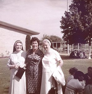 While at the prison camp in Fresno, Sister Rita Anne Houlihan (center) was visited by the Cenacle Superior General Rita Foy (left) and Assistant General Mary Ann Carroll (right). Photo courtesy of the North American Province of the Cenacle.